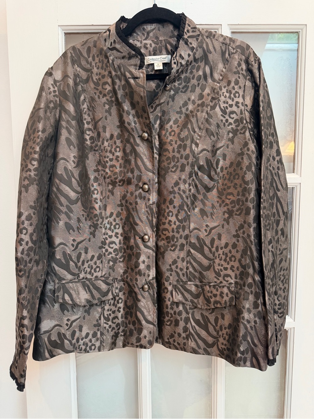 Coldwater Creek Leopard Print Button Front Jacket Metallic Taupe Plus Size 1X